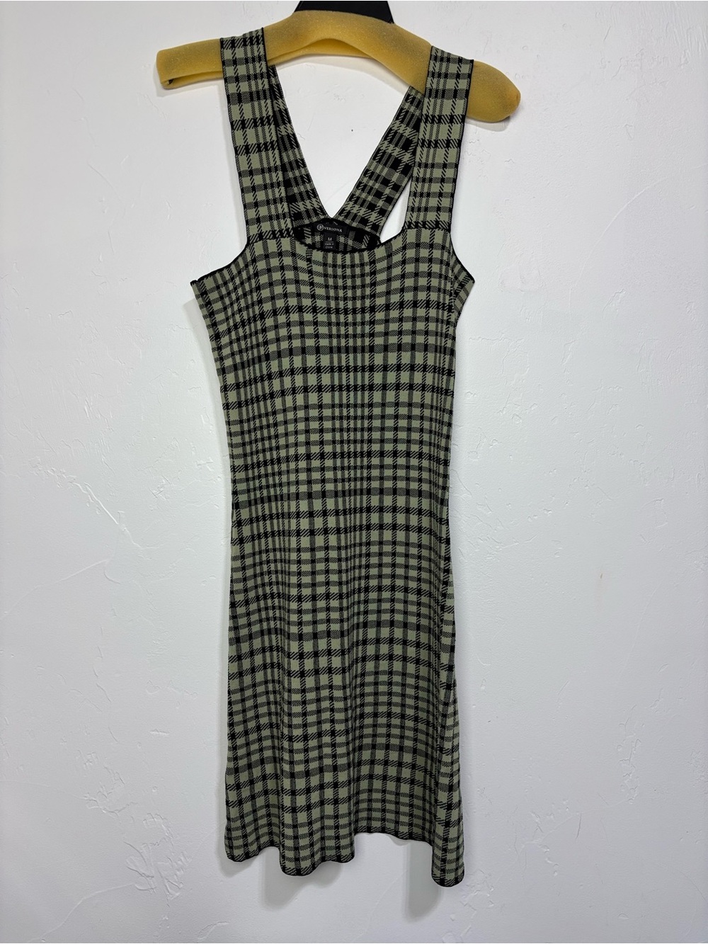 Versona Women's Medium Knit Dress Sage Green Black Plaid Mini Preppy Sheath
